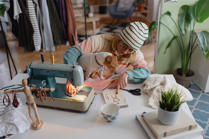 Lady sewing a project for her dog