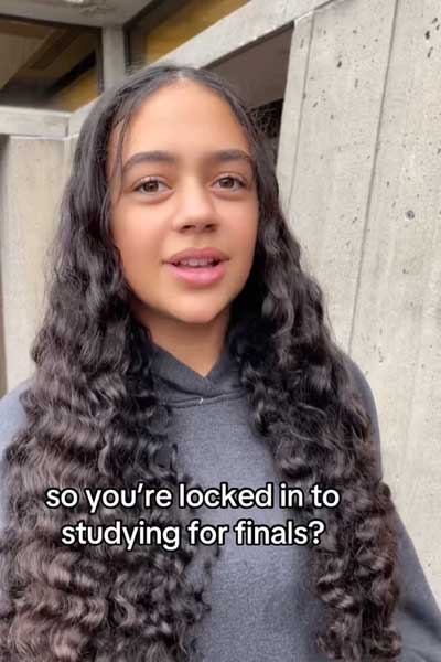 photo of student with caption so you're locked in to studying for finals?